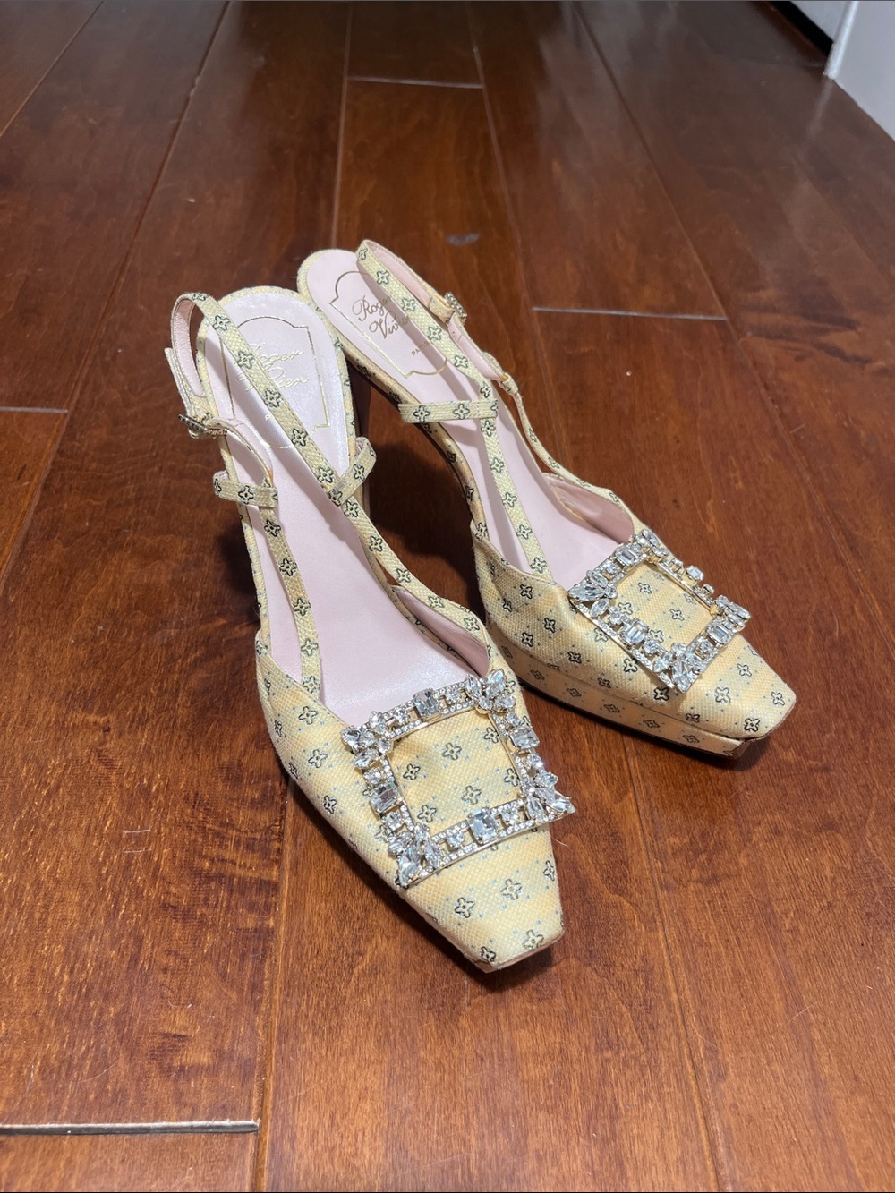 Roger Vivier Yellow Gold Crystal-Buckle Slingback Heels